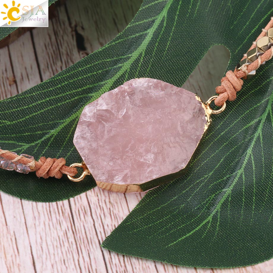 Natural Stone Bracelet Pink Quartz Leather Wrap