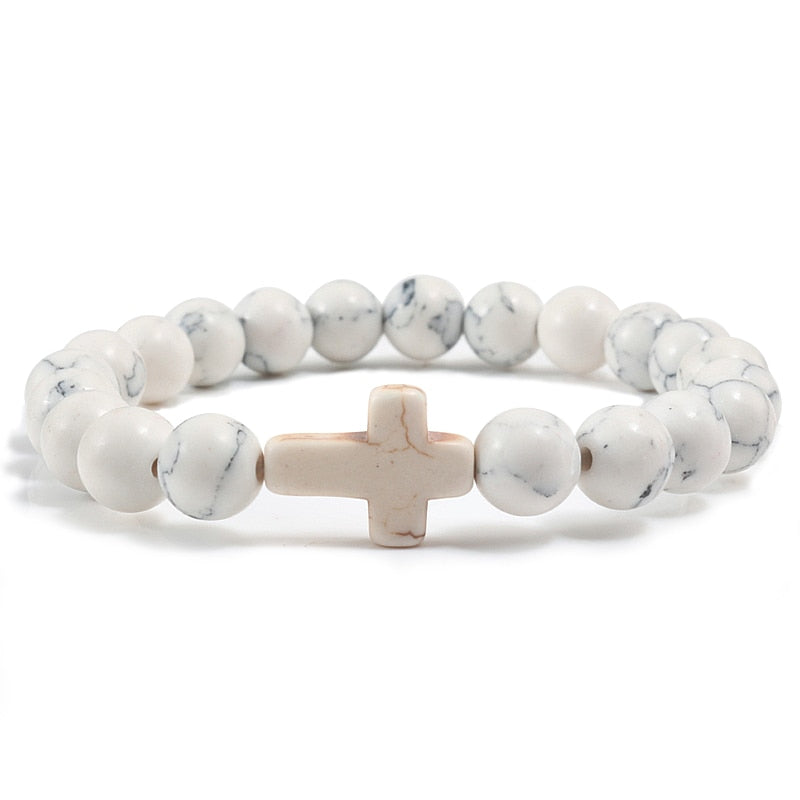 Charm Natural Stone Bracelet Cross Black Lava Matte