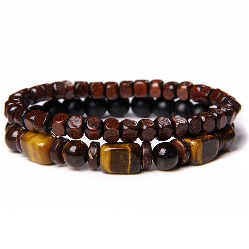 2 Chains Bracelet Set Men Vintage Stretch Bracelets