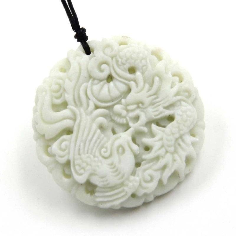 Natural White jade Dragon Phoenix Pendant