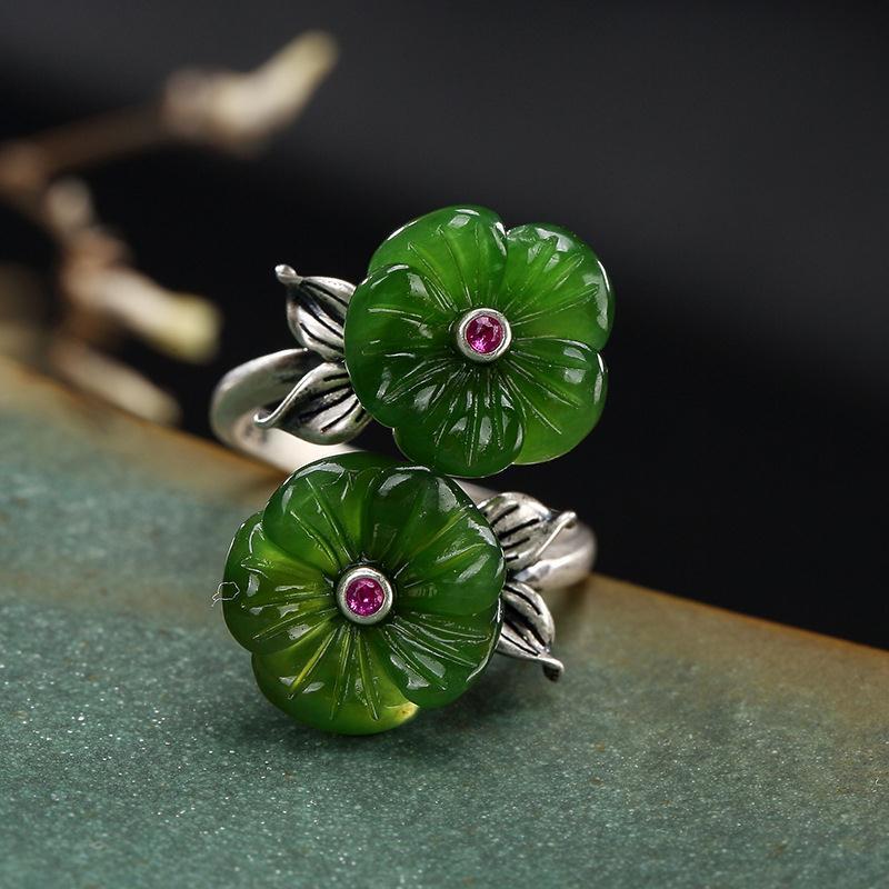 Sterling Silver Natural Hetian Jade Lotus Ring