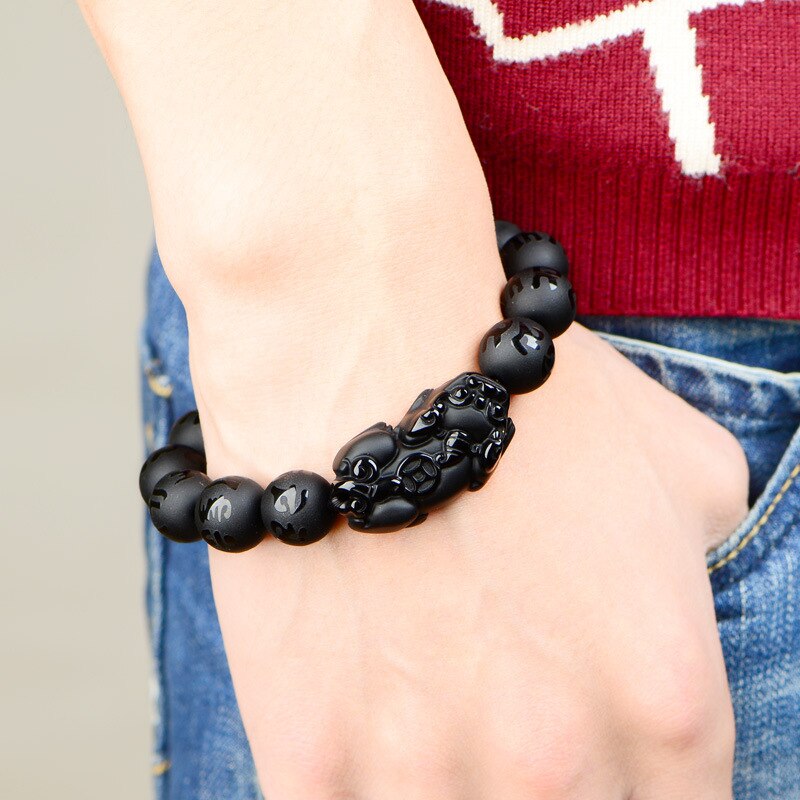 Natural Black Obsidian Matte Beaded Charm