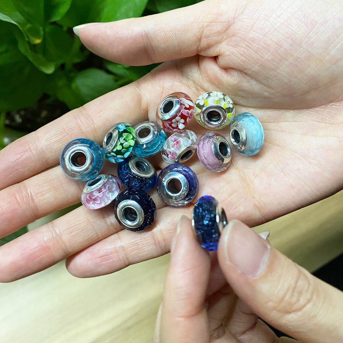 Sterling Silver Glass Bead Wood Stone Murano Flower
