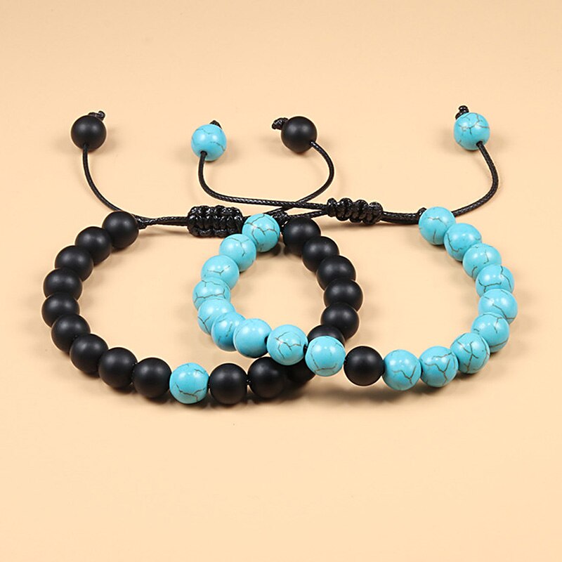 Braided Rope Couple Set Bracelet Black White Beaded
