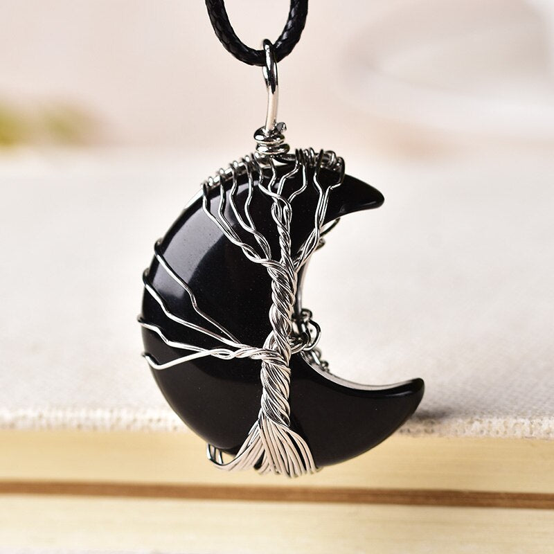 Crystal Pendant Tree Of Life Moon Shape Stone Quartz