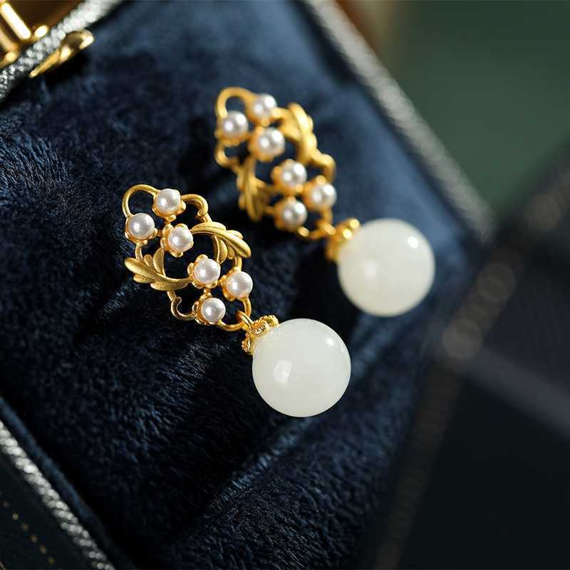 New silver with natural Hotan jade round bead long earrings