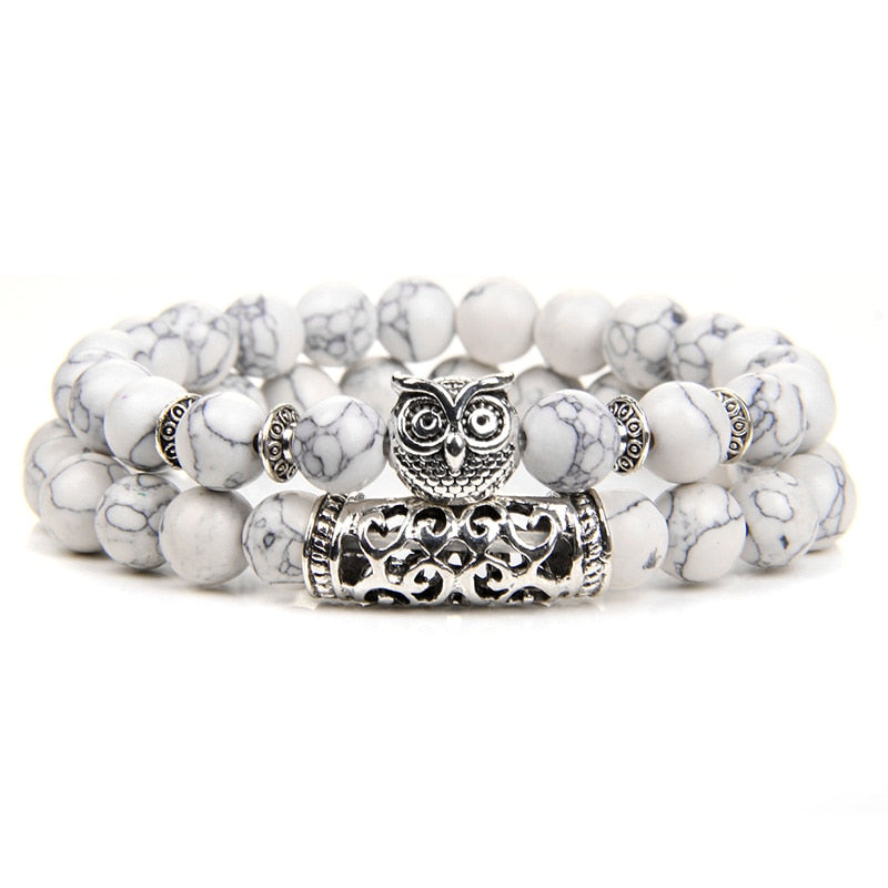 Owl Charm Bracelet Natural Stone Tiger Eye Lava