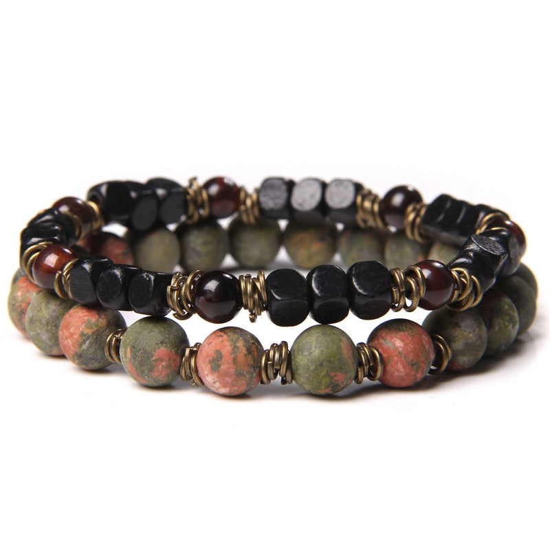2 Chains Bracelet Set Men Vintage Stretch Bracelets