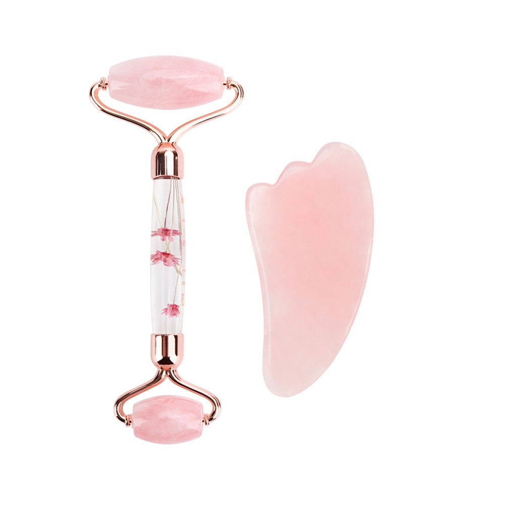 Facial Jade Roller Noiseless Rose Quartz Set Massager