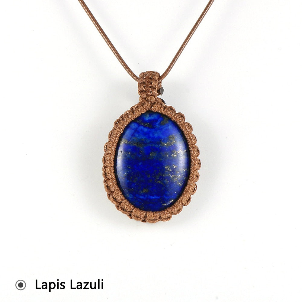 Women Men Natural Oval Gem Stone Necklace Crystal