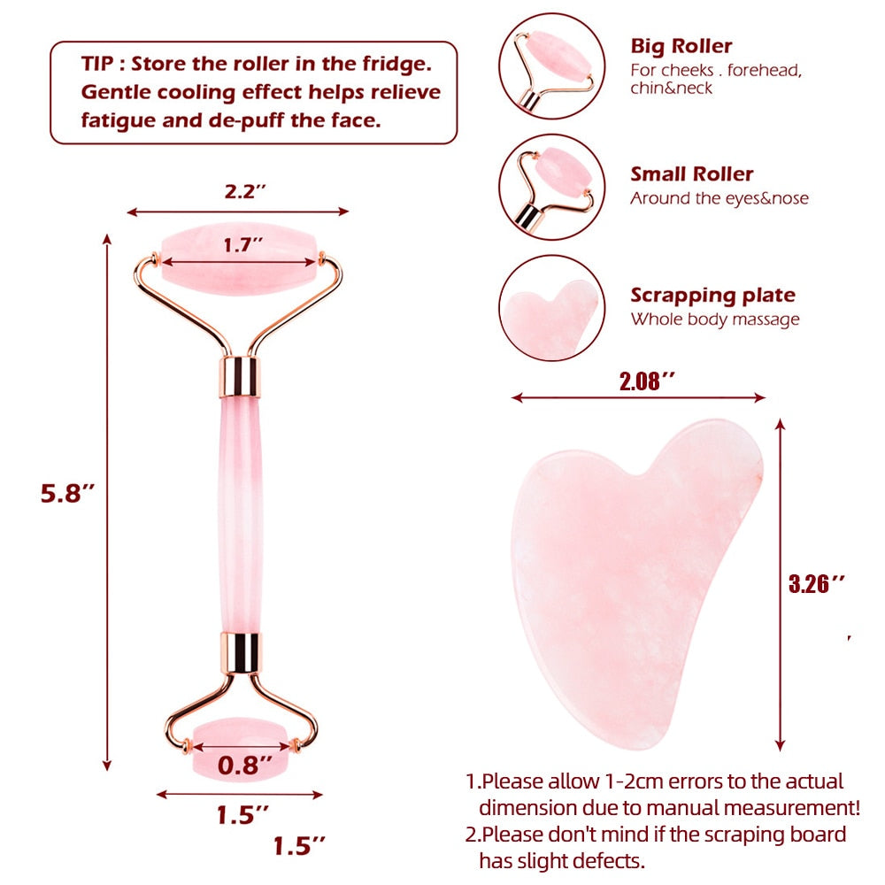 Face Jade Roller Rose Quartz Gua Sha Scraper Set