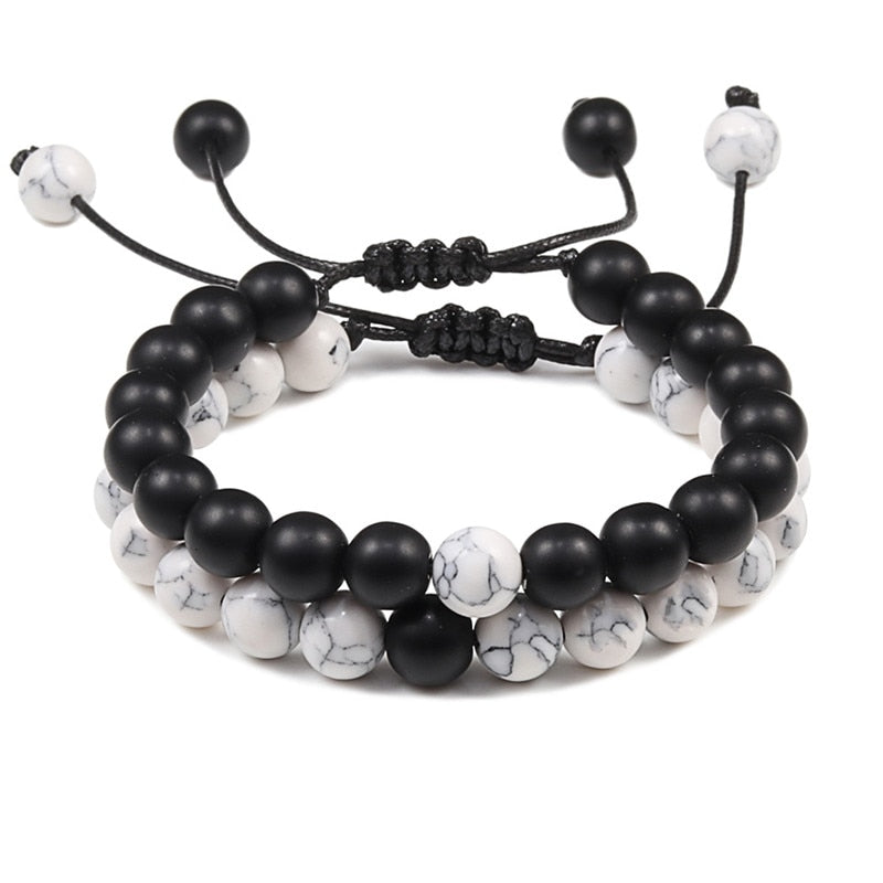 Braided Rope Couple Set Bracelet Black White Beaded