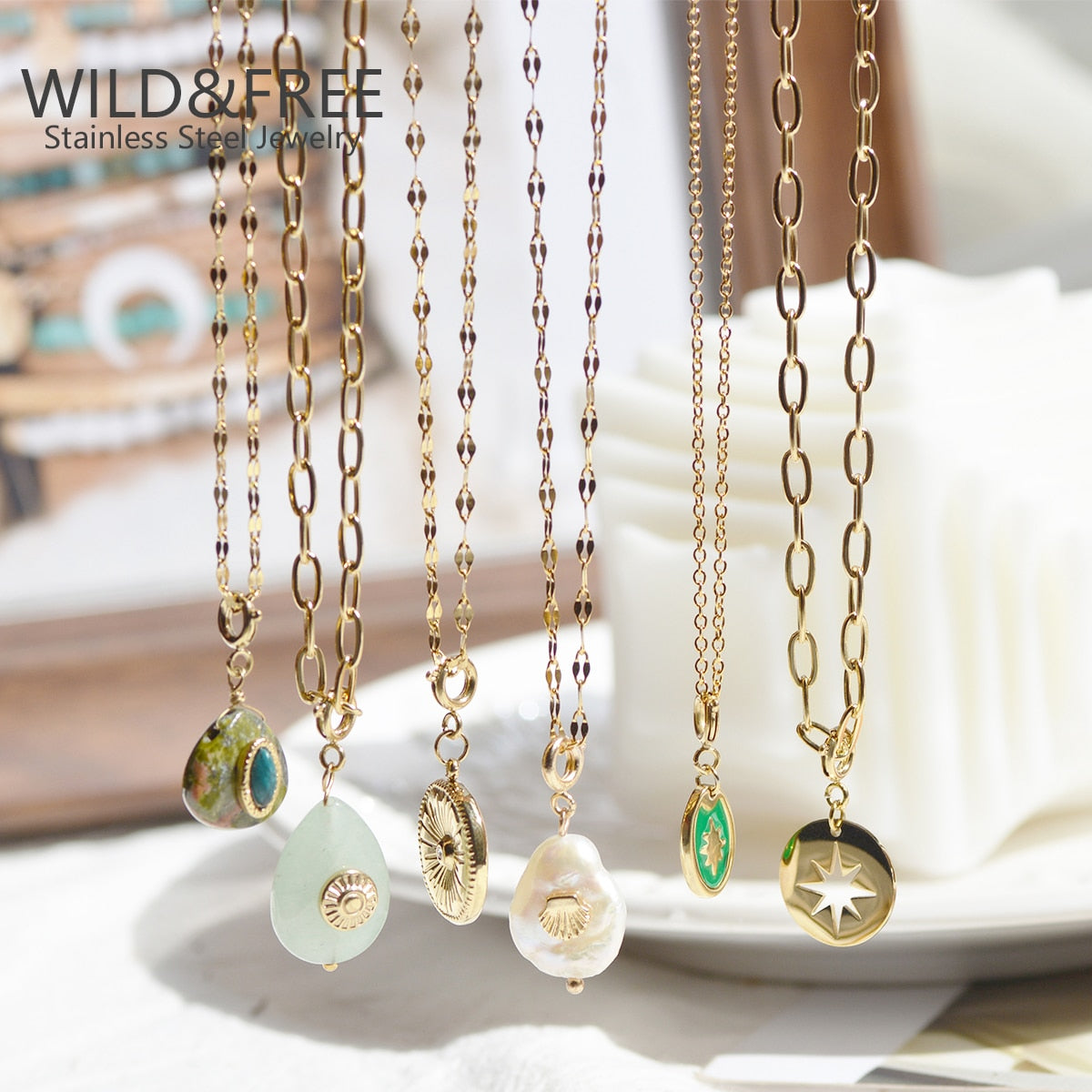 Star & Eye Natural Stone Charm Necklaces