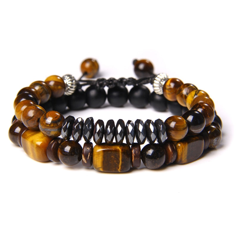 2 Chains Bracelet Set Men Vintage Stretch Bracelets