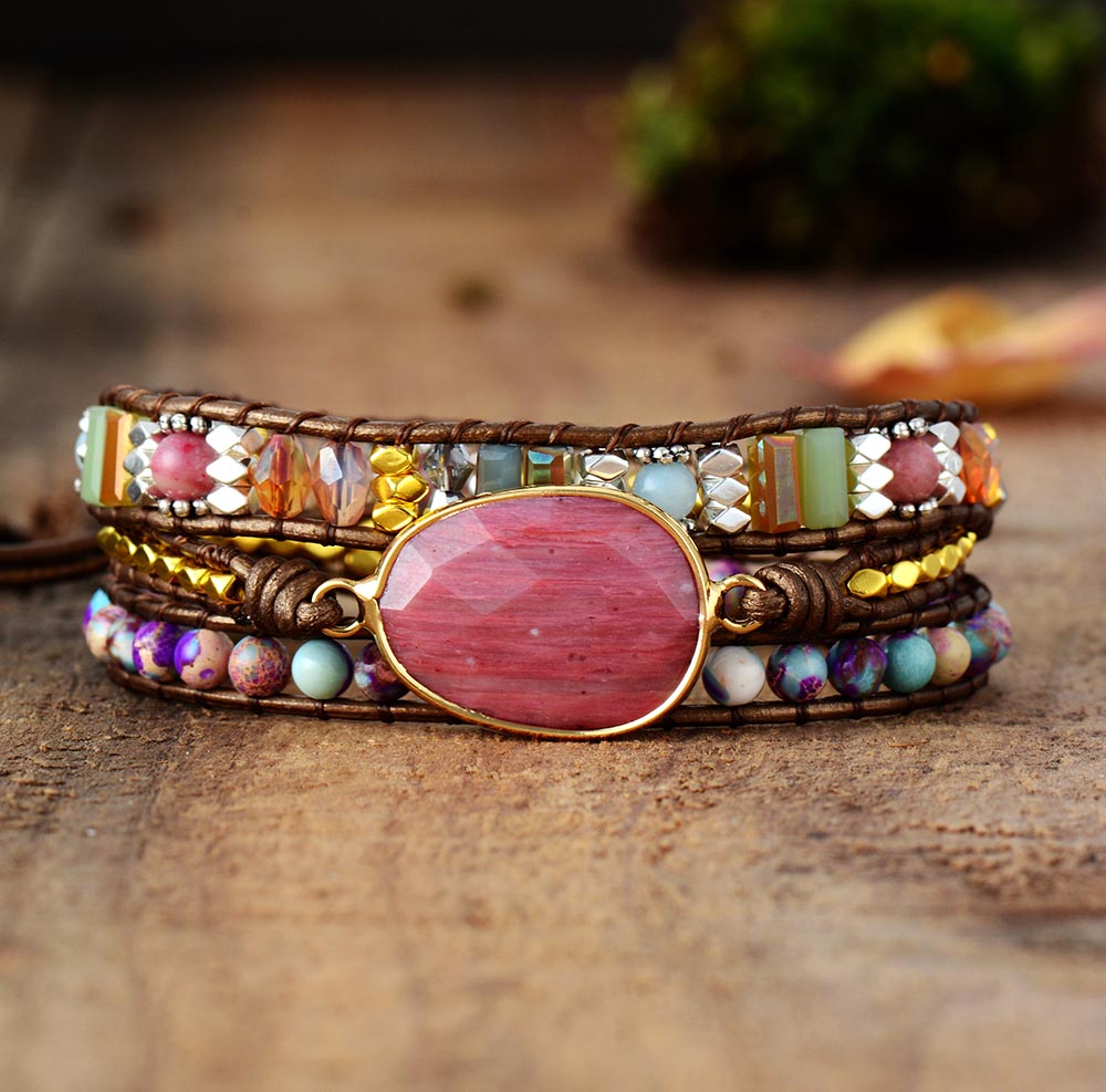 Leather Wrap Bracelet W/ Stones Multi Color Beads