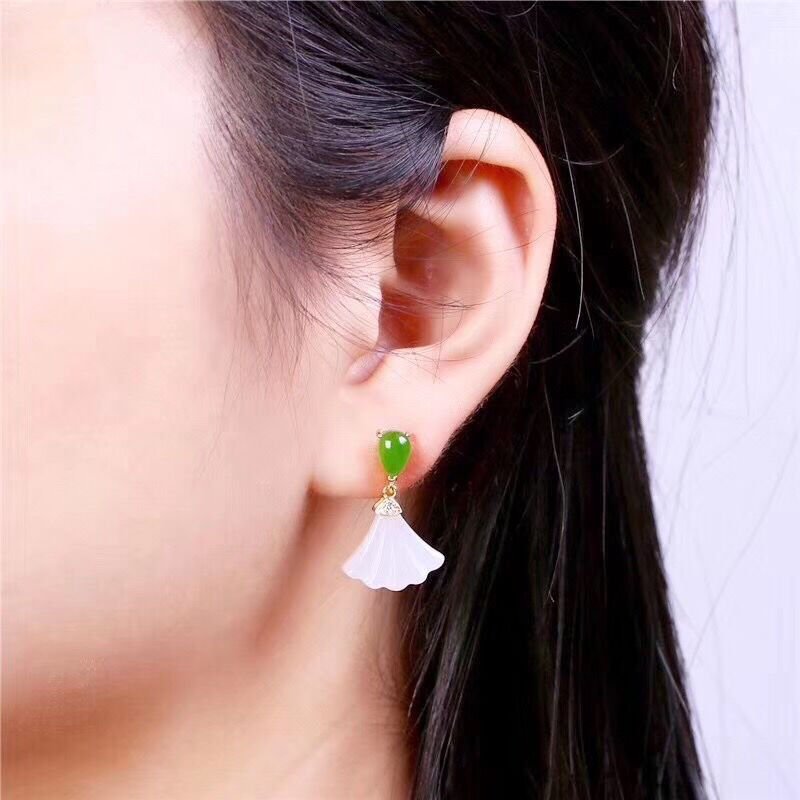 Silver inlaid natural Hetian white jade fan Earrings