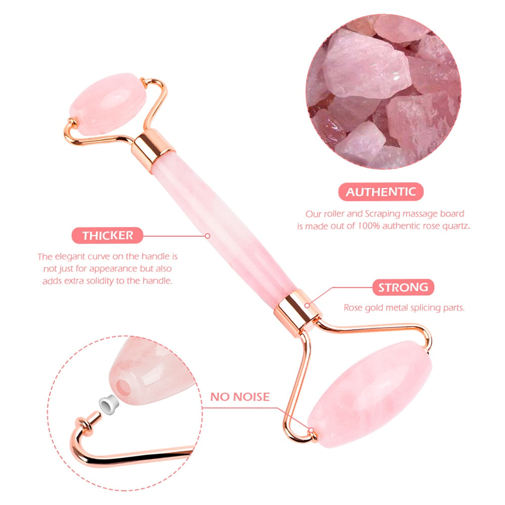 Natural Rose Quartz Jade Roller Set Facial Body Massager