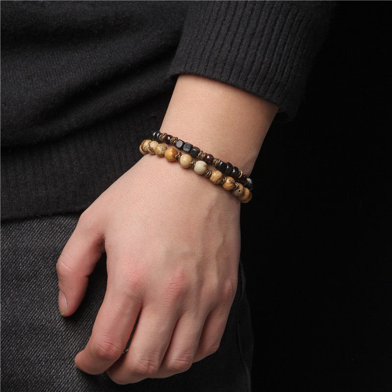 2 Chains Bracelet Set Men Vintage Stretch Bracelets