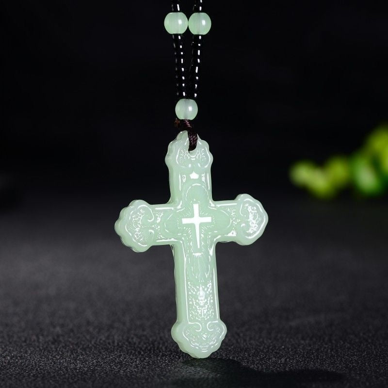 Chinese Natural Green Jade Cross Pendant