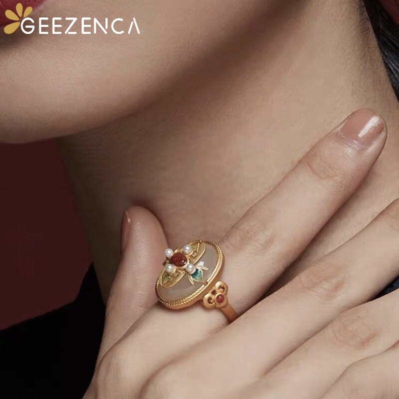 Gemstone White Jade Agate Craft Rings For Women Ethnic