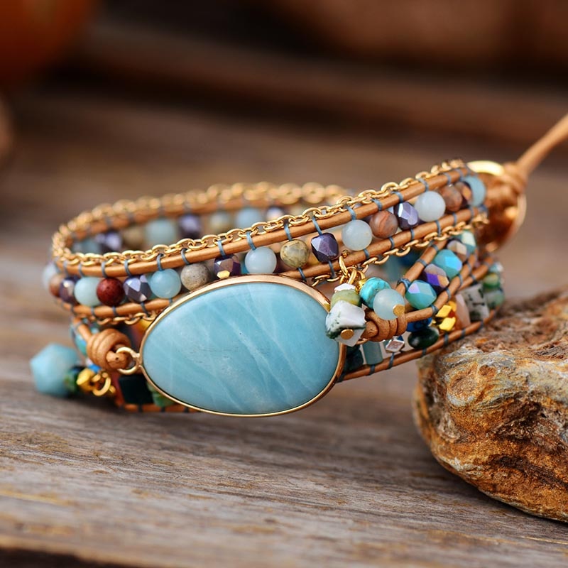 Multilayered Leather Wrap Bracelet W/ Natural Stone