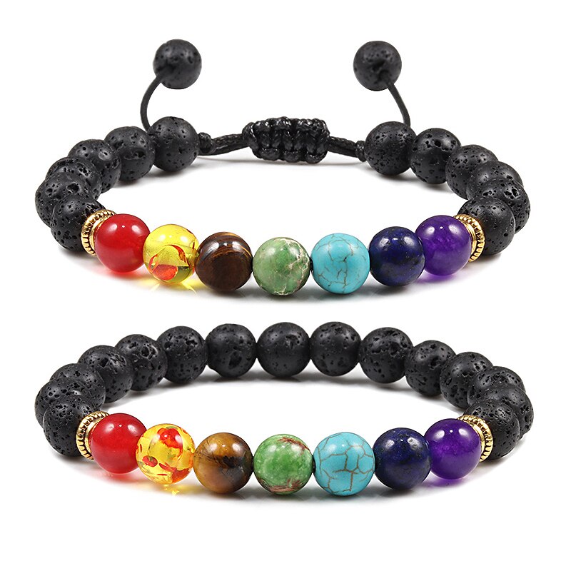 7 Chakra Bracelet Men Black Lava Tiger Eye Stones