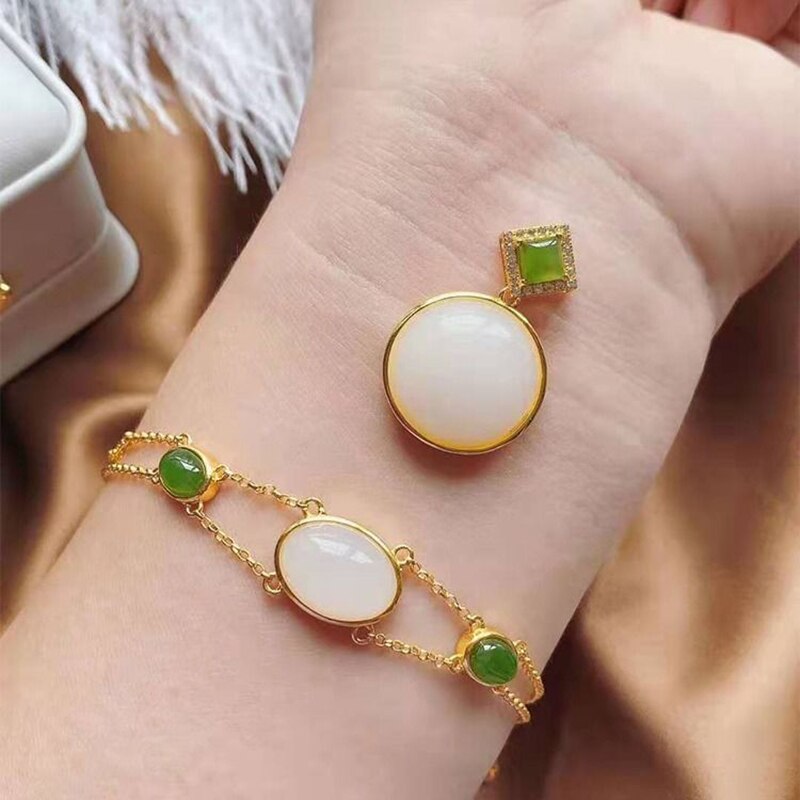 Inlaid natural Hetian white chalcedony