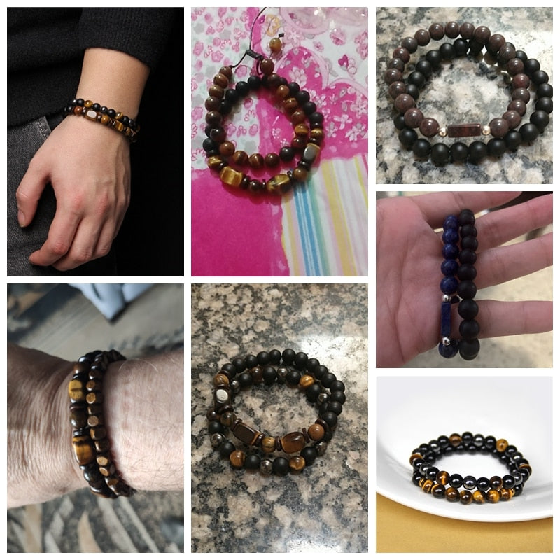 2 Chains Bracelet Set Men Vintage Stretch Bracelets