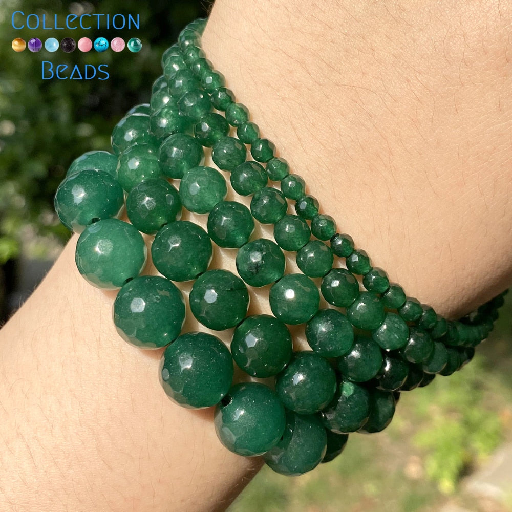 Natural Stone Faceted Green Jades Round Beads