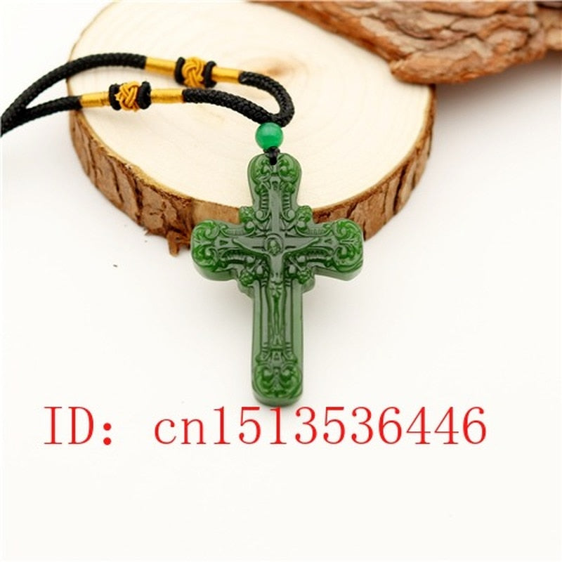Green Jade Cross Jesus Carved Pendant