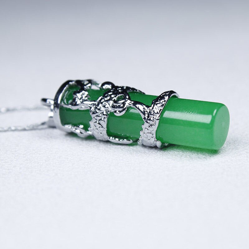 Natural Green Jade Dragon Pillar Pendant Necklace