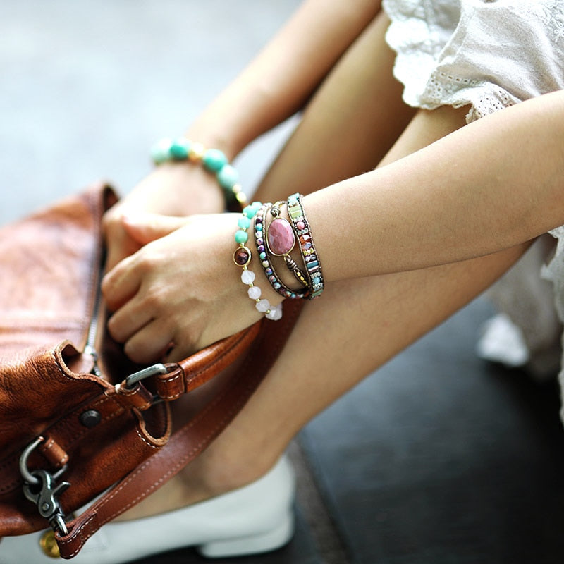 Leather Wrap Bracelet W/ Stones Multi Color Beads