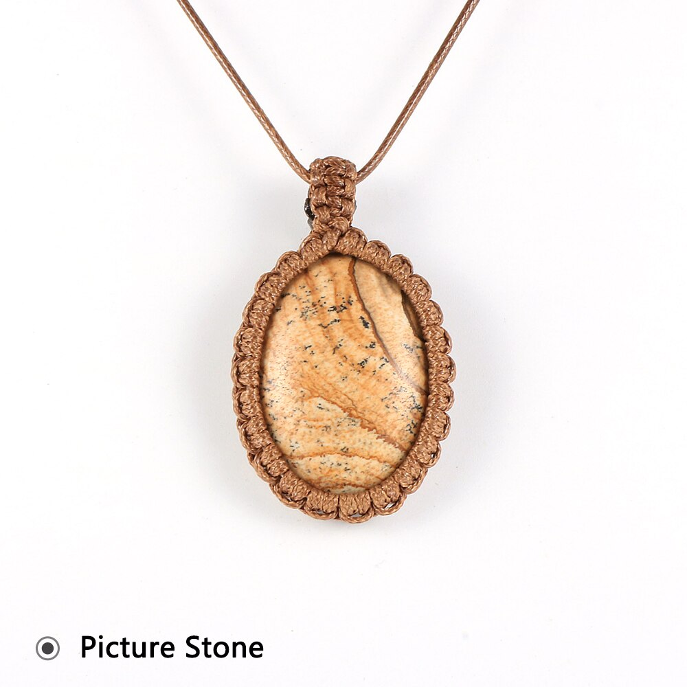 Women Men Natural Oval Gem Stone Necklace Crystal