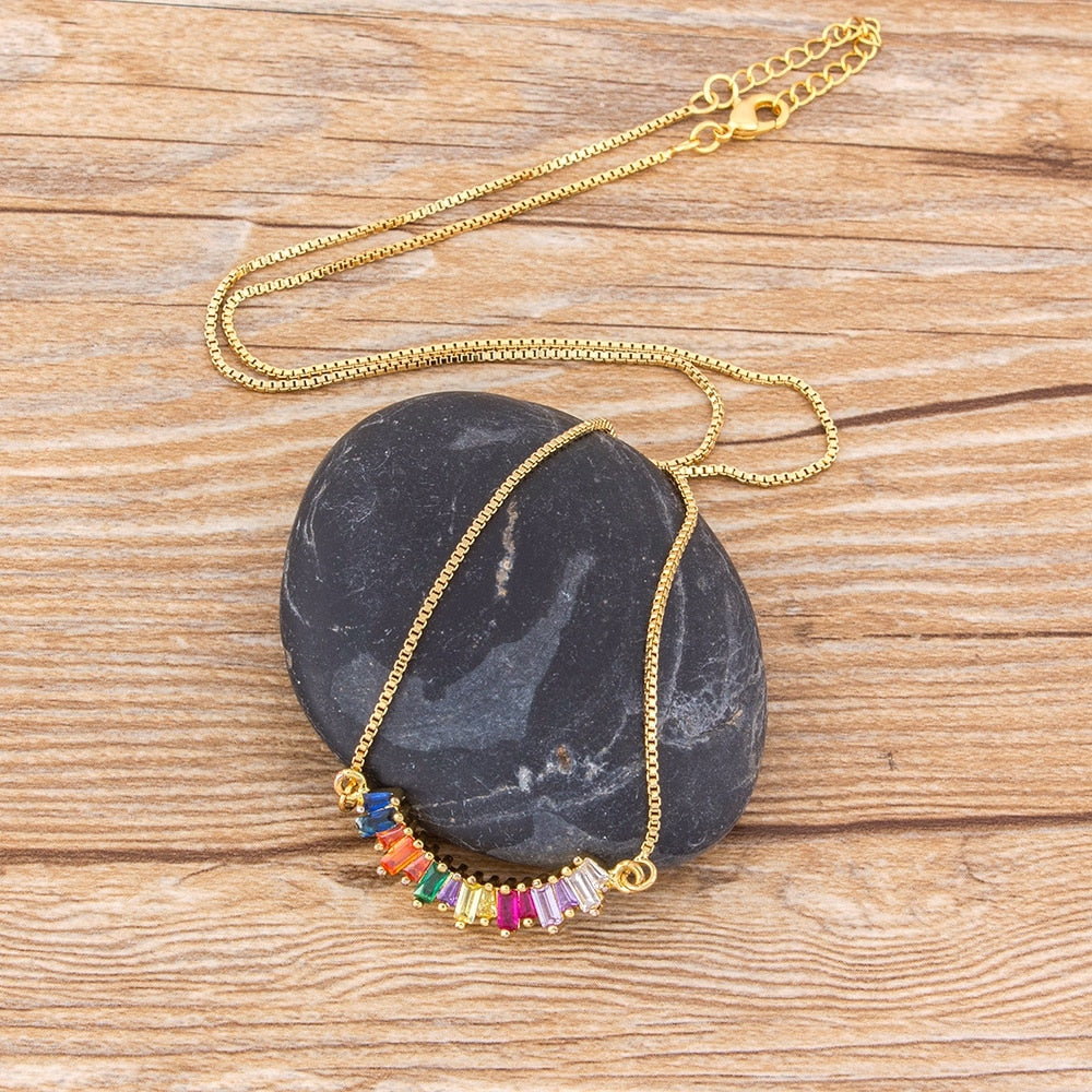 Rainbow Necklace Long Chain Zirconia Natural Stone