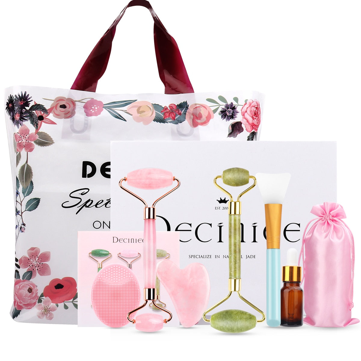 Natural Rose Quartz Jade Roller Set Facial Body Massager