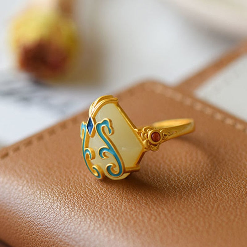 New silver retro enamel ring inlaid with Hetian jade