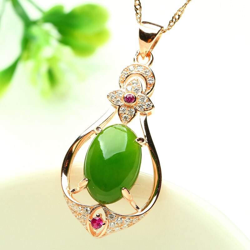 Real 18K Rose Gold Jade Necklace Pendant