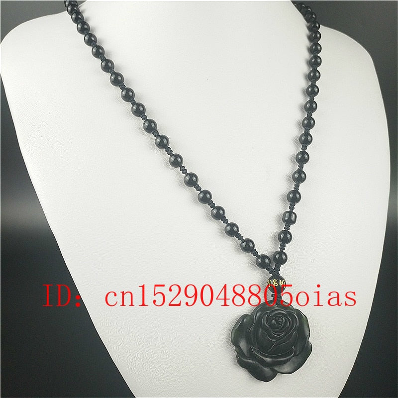 Natural Black Green Jade Rose Pendant Necklace