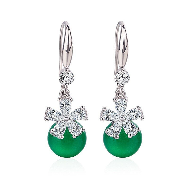 Natural Green Jade Chalcedony Round Drop Earrings