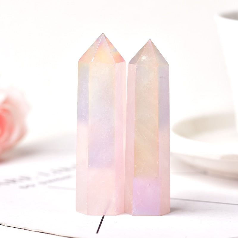 Aura Rose Quartz Crystal Point Wand Healing Stone