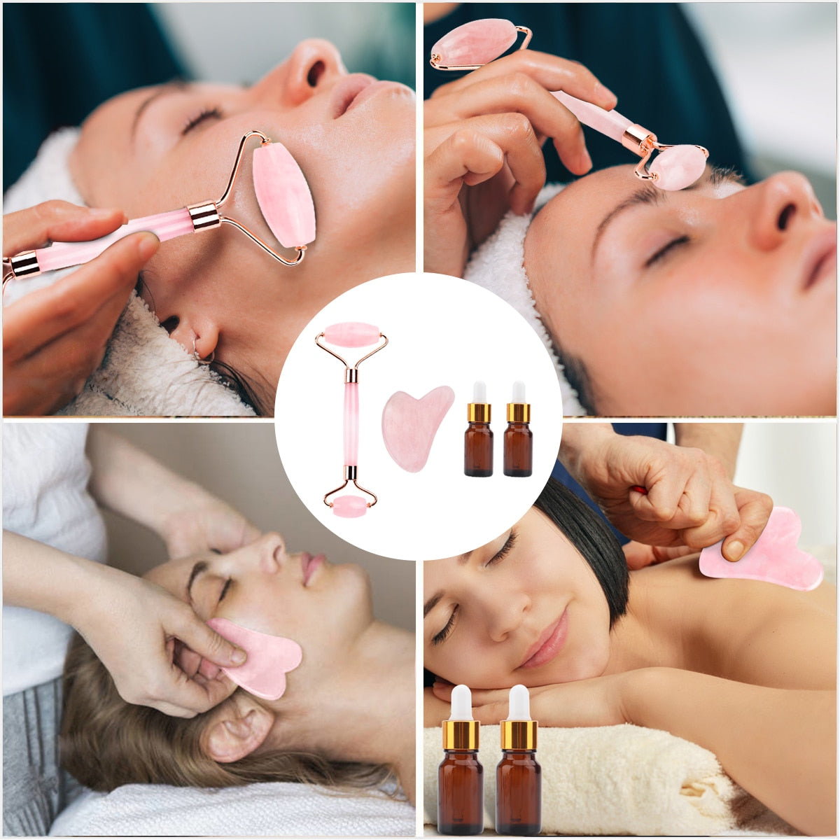Natural Rose Quartz Jade Roller Set Facial Body Massager