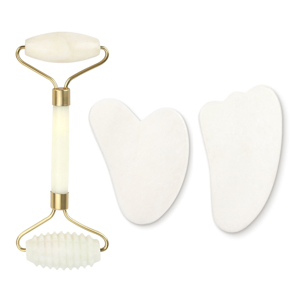 White Jade Roller Gua Sha Set Massage Tool White