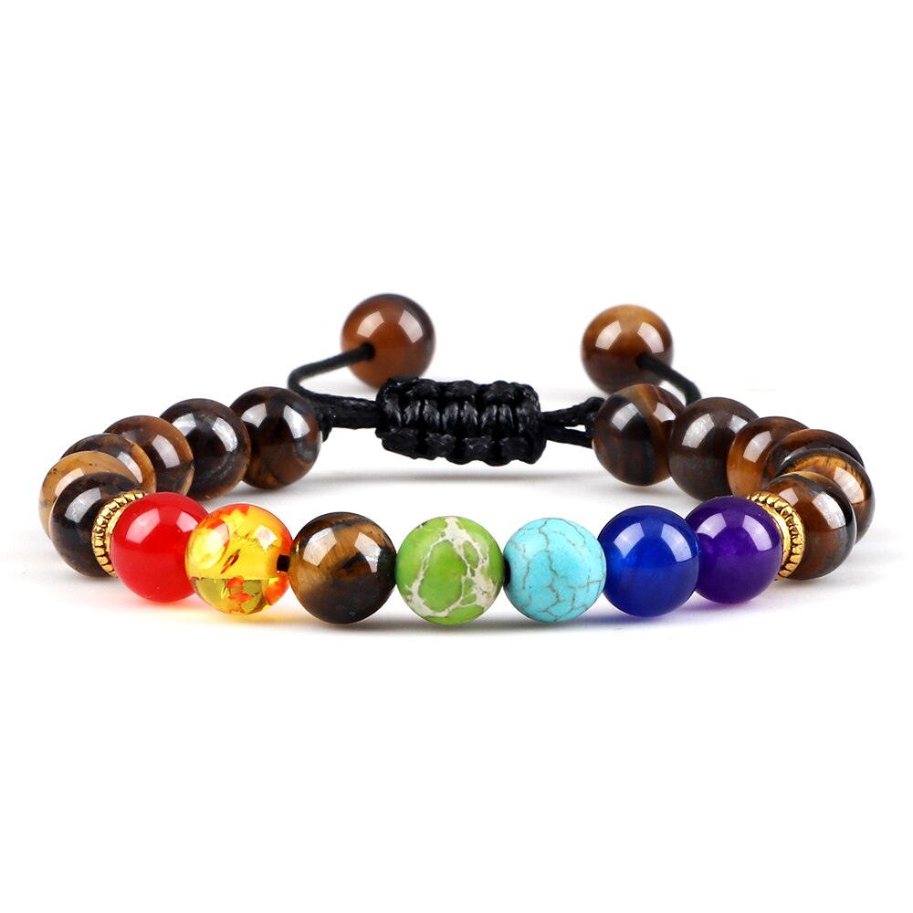 7 Chakra Bracelet Men Black Lava Tiger Eye Stones