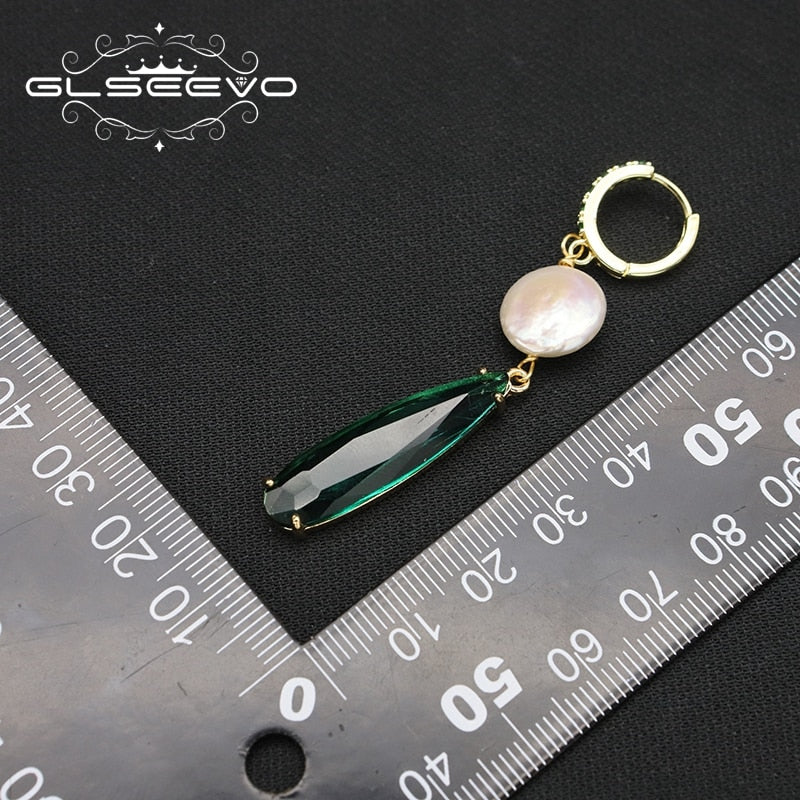 Emerald Water Drop Crystal Baroque Pearls Drop Earrings