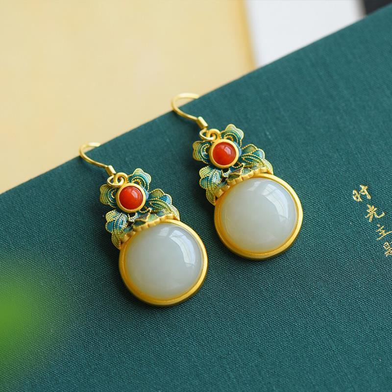 Natural Hetian jade enamel porcelain Earrings