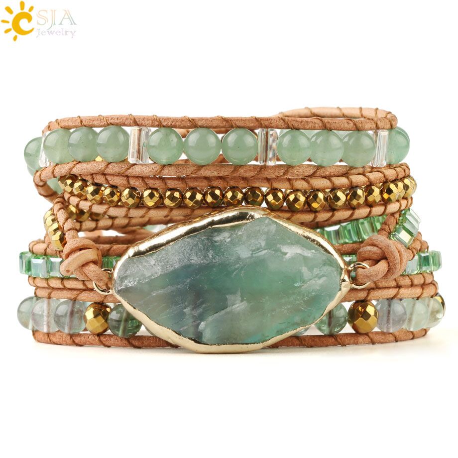 Natural Stone Bracelet Pink Quartz Leather Wrap