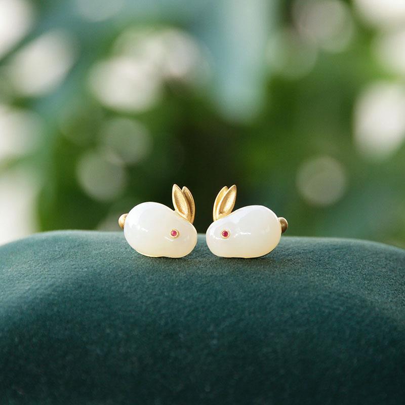 Hetian jade rabbit adjustable ring earrings bracelet set