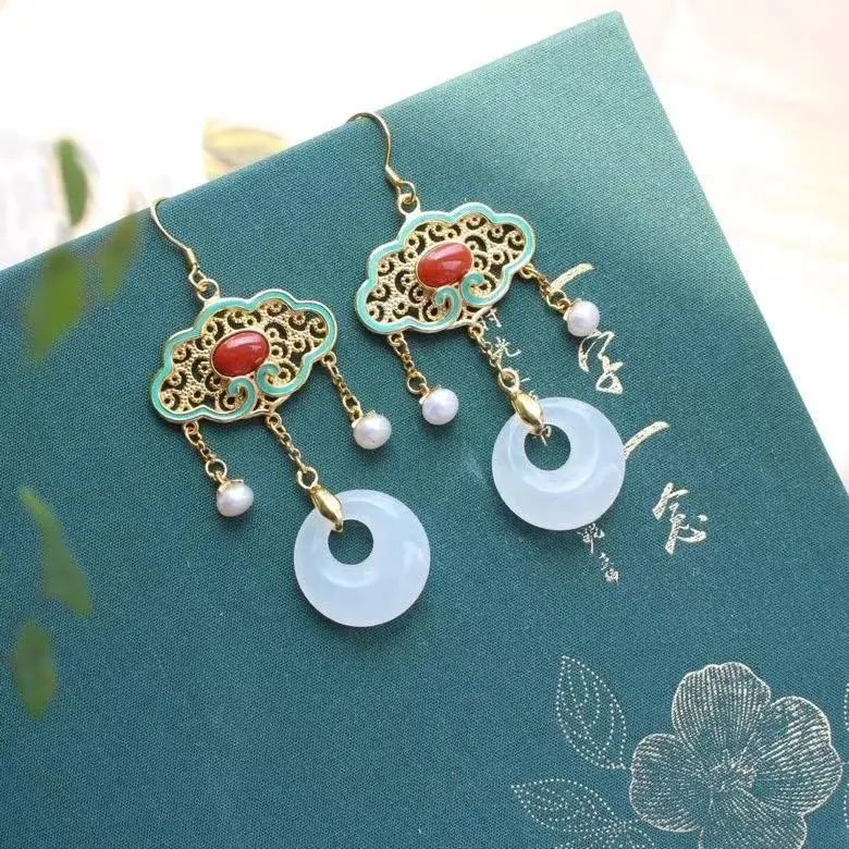 Natural Hetian jade enamel porcelain Earrings