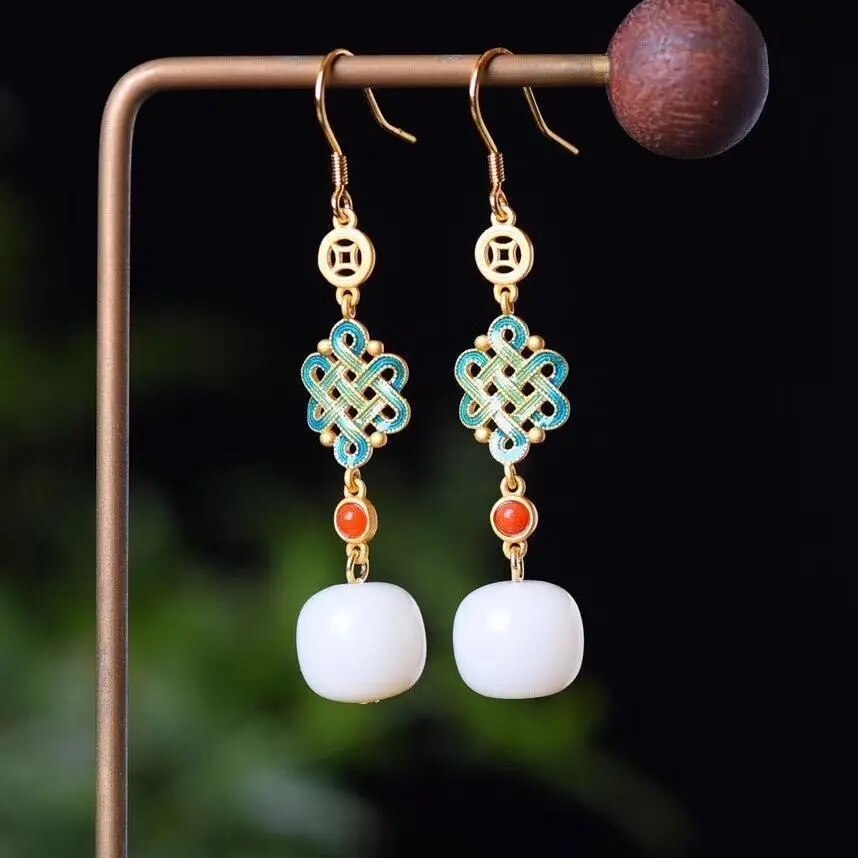 Natural Hetian jade enamel porcelain Earrings