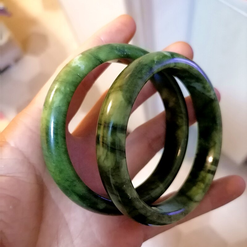 Natural Green White Hand Carved Wide Jade Bracelet